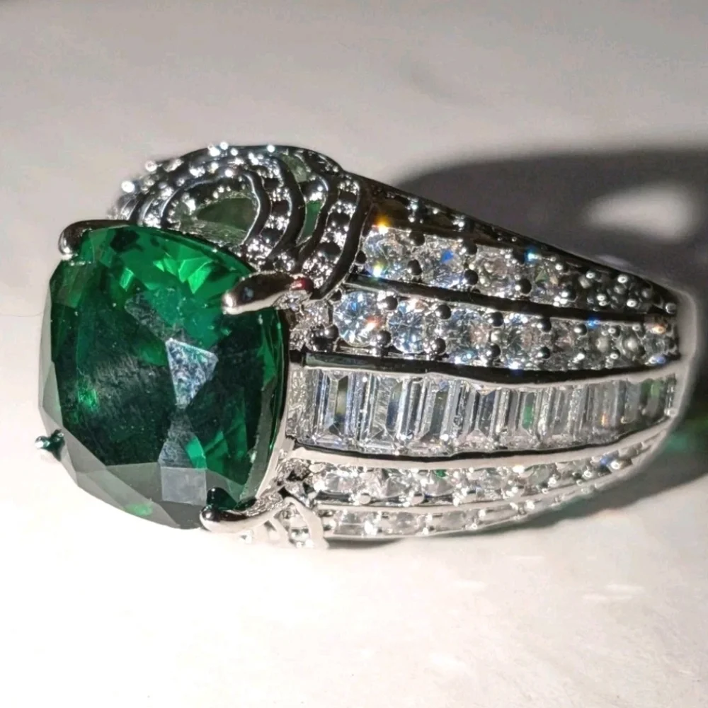 5Ct Cushion Lab Created Emerald Solitaire Engagement Ring 14K White Gold Plated